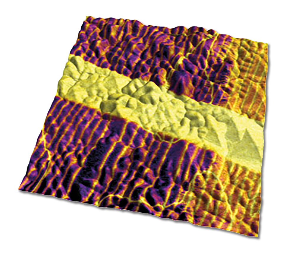 Image shows vertical PFM amplitude overlaid on AFM topography for a lead titanate film, 5µm scan. Imaged with the MFP-3D AFM. Images courtesy of A. Gruverman and D. Wu, UNL. Sample courtesy H. Funakubo.